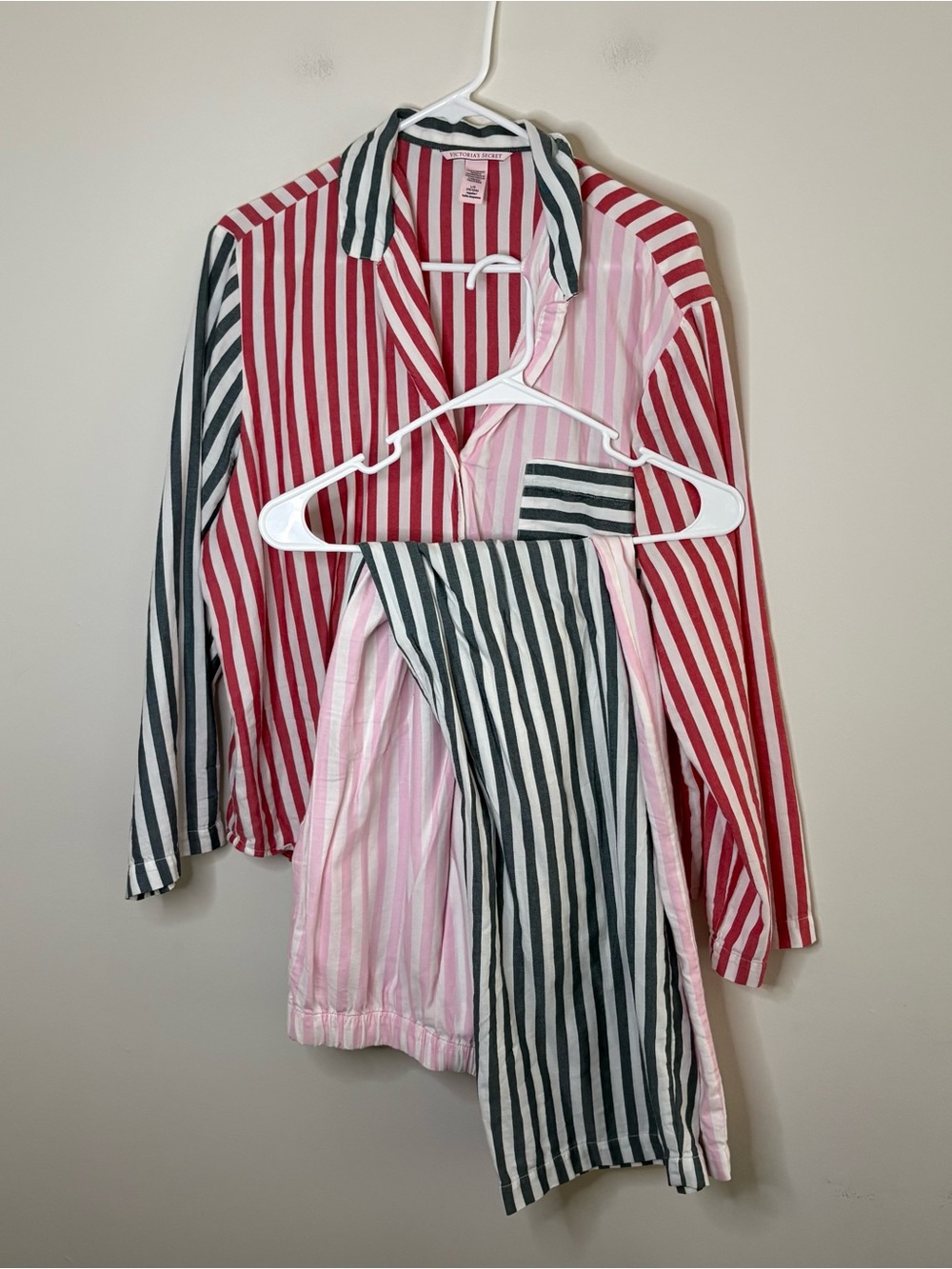 Victorias Secret Pink Striped 2 Pc Pajama Pant Set Pink Green Stripes Large
